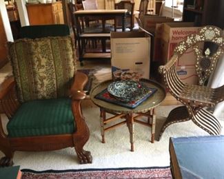 Carved armchair $100, Persian Brass top side table $100, Inlaid Savonarola chair $100