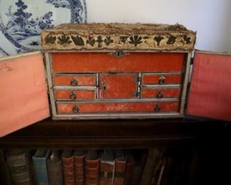 Early Needlepoint sewing box, English Stumpwork c. 1720, $325