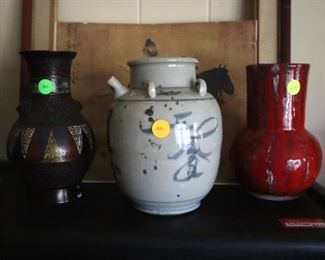 Chinese vases - Enamel and bronze $50, blue and white $25, Red earthenware $100