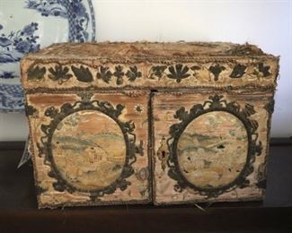 Early Needlepoint sewing box, English Stumpwork c. 1720, $325