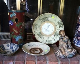 Chinese ceramics - blue and white bowl $50, painted dishes, umbrella stand and Buddhist corbel figure $100 each
