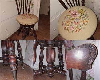 Antique high back swivel piano stool with glass ball claw feet & tapestry seat