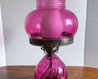 Vintage Cranberry Glass Hurricane Lamp 