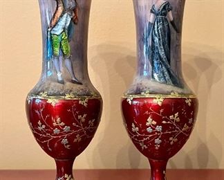 Item 1:  (2) 19th C. French Hand Painted Enamel on Brass Vases - 6.25":  $595/Pair