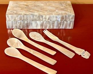 Item 37:  Mother of Pearl Box with 4 spoons and one fork: $32