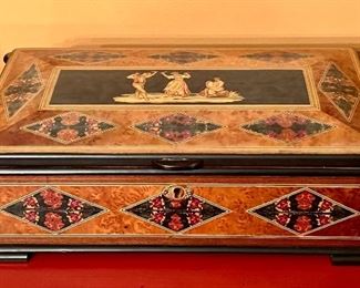 Item 54:  Musical Inlaid Jewelry Box, signed - 12.25"l x 6.75"w x 3.75": $165