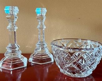 Item 69:  Tiffany & Co. Candlesticks - 8" (left):  $45                                                            Item 70:  Tiffany & Co. Bamboo Bowl - 6.25" x 3.75": $35 
