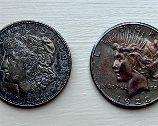 Item 112:  1921 Morgan (left):  $30 (SOLD)                                                                          Item 113:  1923 Peace Dollar (right):  $30 (SOLD)