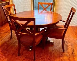 Item 122:  Ethan Allen Table with Leaf & 4 Armchairs:  $425                                                                                                             Table - 48" x 29.5"                                                                                           Armchair - 26.75"l x 17.5"w x 38"h 