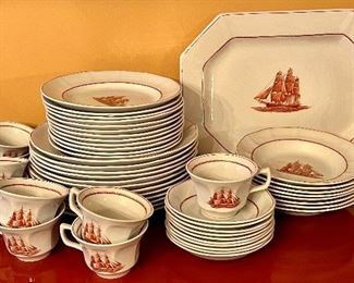 Item 124:  Wedgewood "Flying Cloud" China: $275                                                      12 dinner plates, 11 salad plates, 8 soup bowls, 9 cups & 10 saucers, serving platter