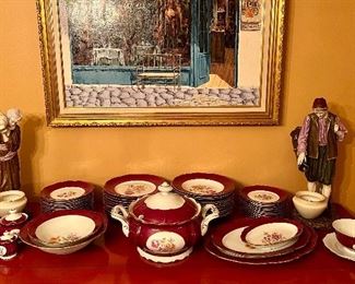 Item 138:  "R" (German Democratic Republic) China Set: $325                                                                                                              12 salad plates, 11 dinner plates, 11 bread & butter plates, 12 coup bowls, 2 serving bowls, 2 serving platters, 2 salt & pepper shakers, soup tureen, 2 condiment jars, gravy bowl 
