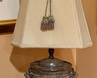 Item 143:  John Richard Collection Metal Art Deco Lamp with Lion Accents - 27": $165