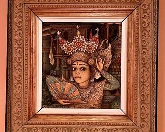 Item 178:  Framed Bali Print (fan) - 16"l x 1.25"w x 16"h: $45