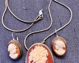 Item 204:  Cameo Earrings and Pendant on Sterling Chain: $56