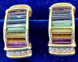 Item 211:  Rainbow Gemstone Earrings featuring multiple colored gemstones channel set in 18K yellow gold:  $495