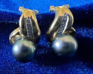 Item 212:  18k, Diamond and Black Pearl Earrings:  $345