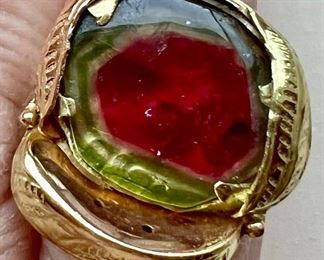 Item 214:  Stunning 18K ring with Rare Watermelon Tourmaline gemstone:  $695