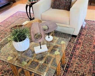 Pair custom white velvet chairs; McGuire coffee table