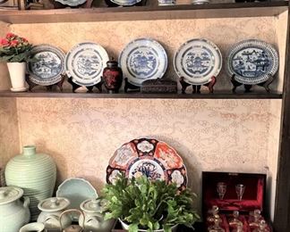 Imari, antique French tantalus, celadon, Nepalese box, Meissen vases, Chinese plates