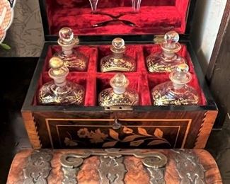 Exquisite French tantalus in inlaid box.  Mint condition.
