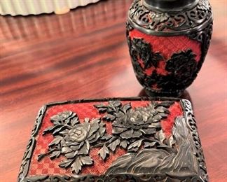 Black & red cinnabar box and small covered jar