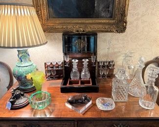 19th Century Chinese lamp (not drilled), French Boulle style tantalus, rock crystal ashtray, Daum vase and bowl, crystal decanters