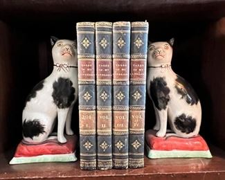 Pair Staffordshire cat bookends; set of rare “Tales of My London” books