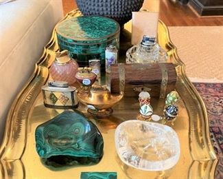 Mid-Century brass tray table with vintage tobacciana collectibles