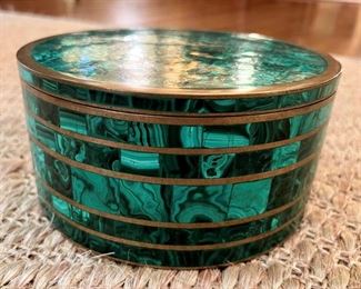 Mid-century malachite box with brass banding