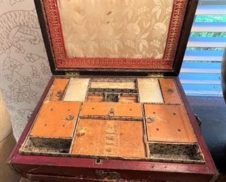 Antique fitted leather sewing box