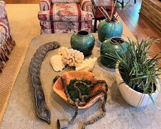 Michael Aram rare “pea pod” sculpture; Tibetan China and bells; Chinese jars