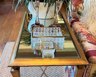 Iron gilt side table with “X” stretcher and mirrored top