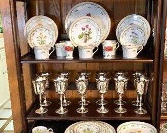 GEORGES BRIARD, Victorian Gardens, American Mid Century designer, service for 12 featuring Texas Bluebonnet, Cyclamen, Corn Marigold, Bird’s Foot Violet.   Silver plated goblets priced in sets of two.