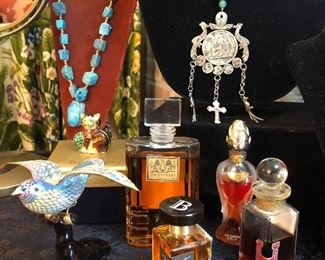 Cloisonné, vintage ESTEE LAUDER, French perfumes, beautiful CHACHAL with red glass beads, jade beads, and center recast coin medallion.