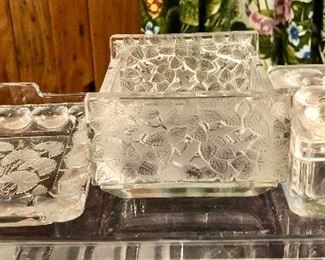 LALIQUE Bluets: Pin Tray, Open Box, Lidded Box. 