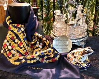 CHANEL silk scarf, ROYAL CROWN DERBY Imari frog, Glass paperweight: “The best things in life are free. The second best things in life are expensive. Coco Chanel”.  Antique Victorian sterling silver cruet set.