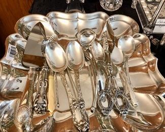 Sterling silver serving tray with sterling silver serving pieces