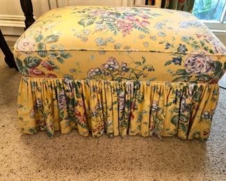 Custom upholstered yellow Chance ottoman/bench. One of two matching