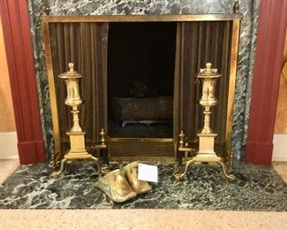 Chippendale style brass andirons and screen. Ridiculously heavy!