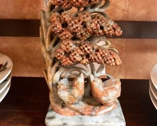 Hand carved Chinese soapstone. Birds beneath a stand of flowers.
