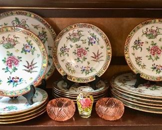 Chrysanthemum porcelain. Hand-decorated in Hong Kong. 12 salad plates, four dinner plates.