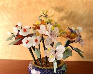 Jade and stone bouquet and cloisonné planter