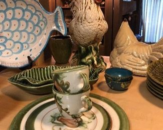 John B Taylor. Hand-painted glazed. 2 cups, one salad plate, one dinner plate. Marked on bottom.