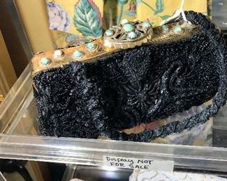 Stunning beaded handbag.  Engraved brass metal Closure with real turquoise stones. Mrs. Welder’s note in the purse said Greece, possibly where it was purchased. 1940s to 50s