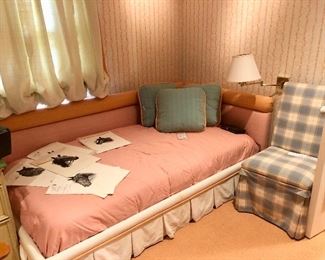 Complete daybed set. PEACH Includes custom upholstered bolster back and pleated covered frame, mattress and box springs, coverlet, and three matching upholstered pillows.