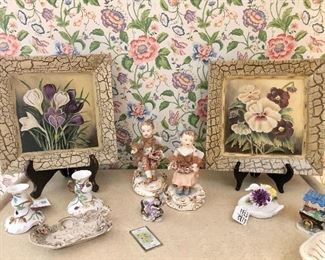 California Dresden Figurines by Avis Wright. Edmond and Marie.   Hand-painted platters by K. White. Porcelain candle sticks made in Portugal