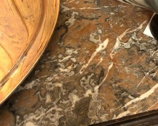 French marquetry chest with inlaid walnut, lemon wood, and Mahogany. Marble top over three drawers. 