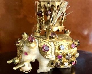SriLanka Kandy Elephant. Carved bone, sterling with gold overlay, prong set semi precious stones. 