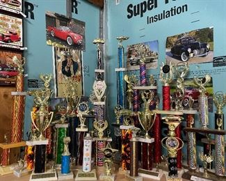 Huge collection of car trophies.