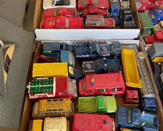Toy cars and trucks.